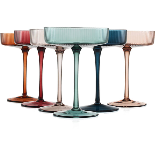 Art Deco Ribbed Pastel Coupe, & Cocktail Glasses - 6 Set