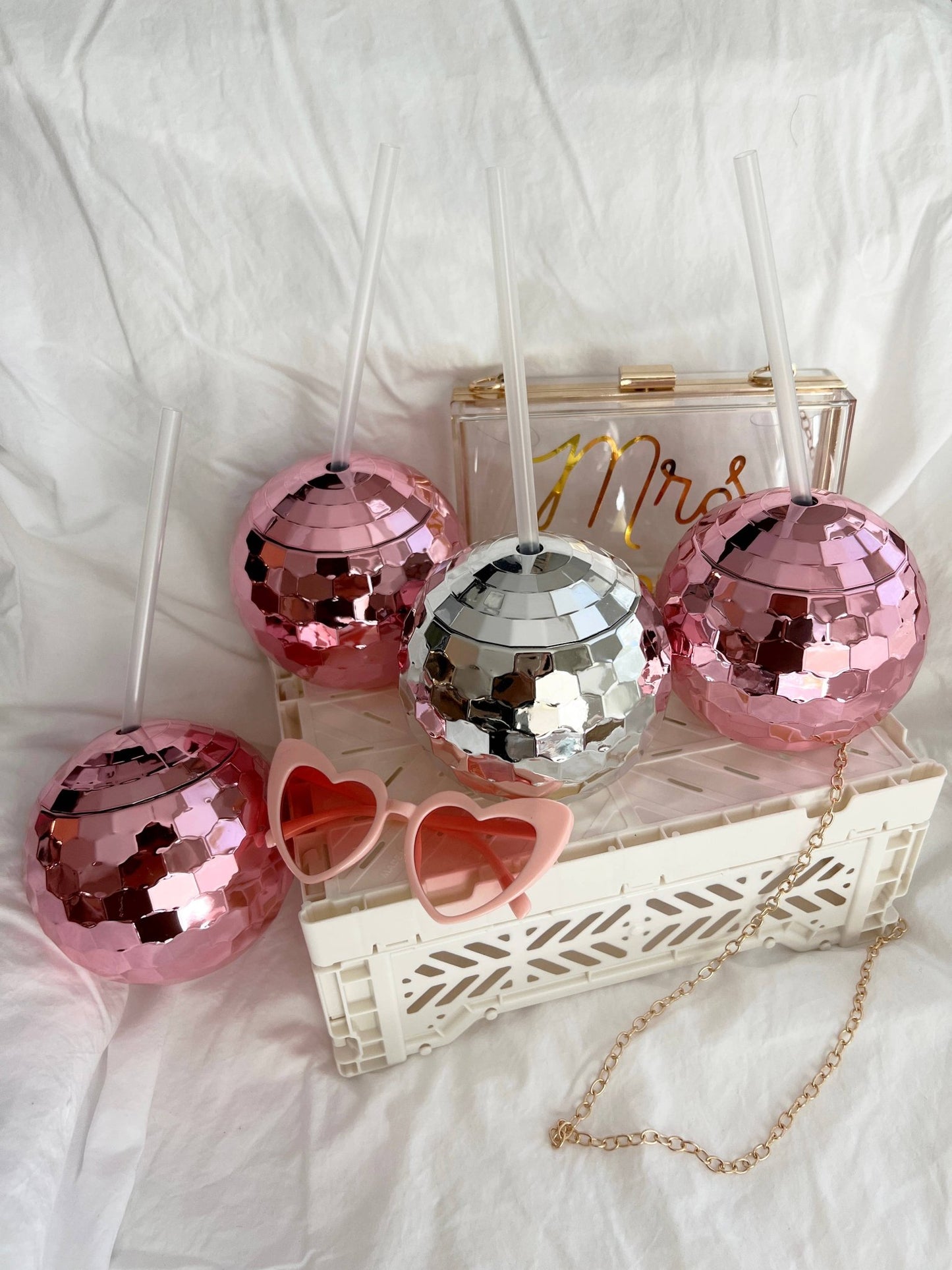 Disco Ball Cup with Clear Straw (1): PINK - PaperGeenius