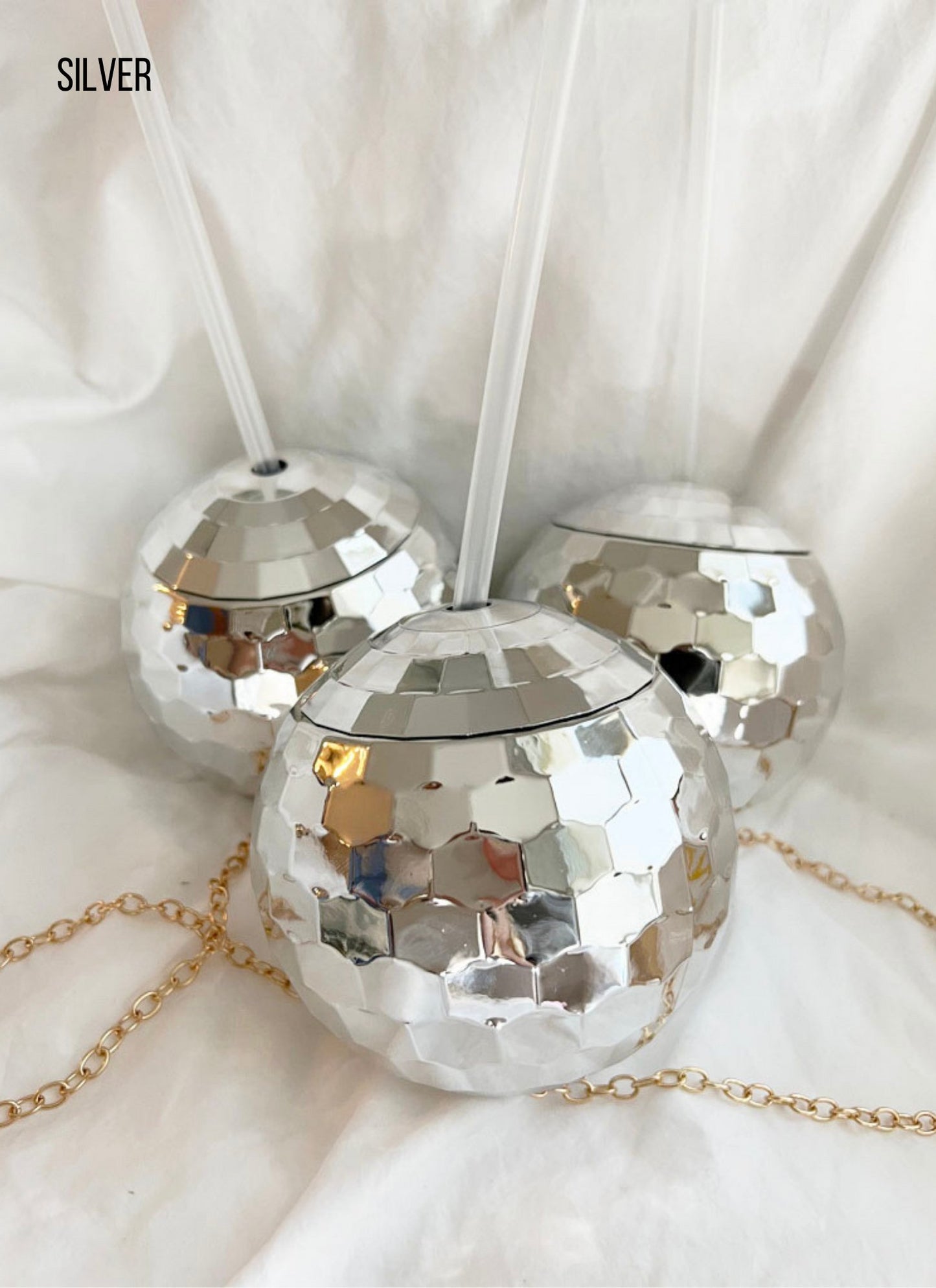 Disco Ball Cup with Clear Straw (1): SILVER - PaperGeenius